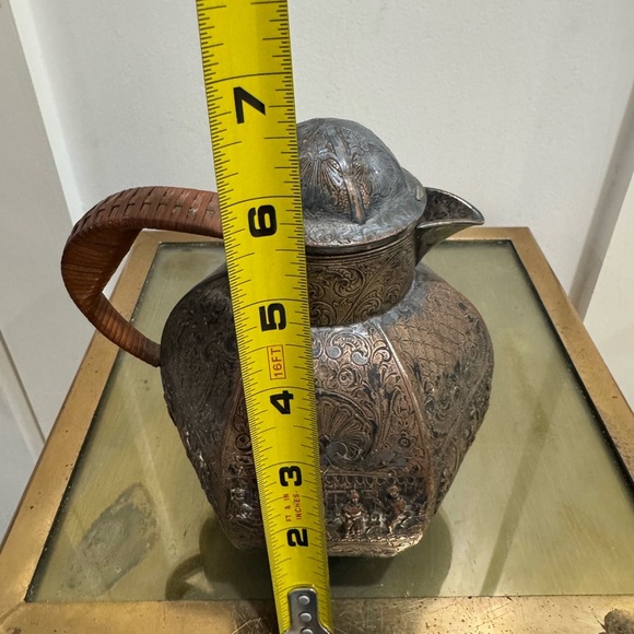 Antique E G Webster Silver Plate Copper Repousse Engraved Teapot Rattan Handle - Picture 6 of 8